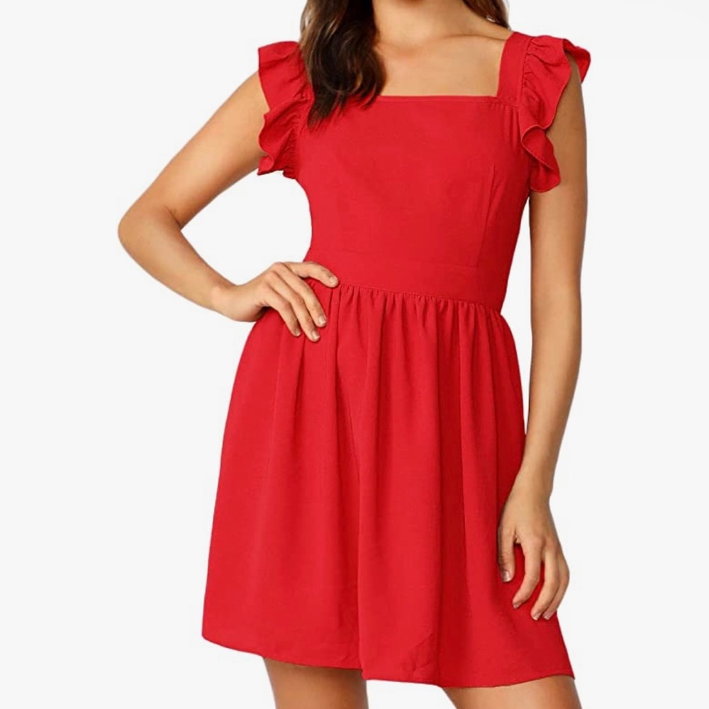 Romwe Women's Tie Back Ruffle Strap A Line Flowy Short Dress. Size M.